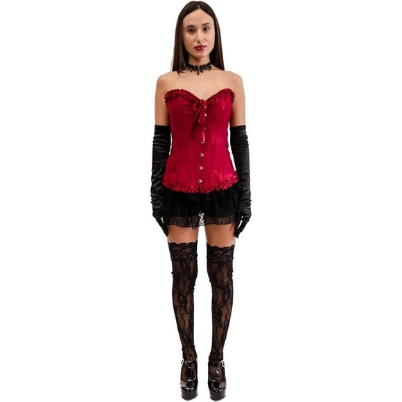 Womens Burgundy  AI Floral Corset Top Overbust Bustier Ribbon Bow Ruffle Trim - Picture 5 of 6